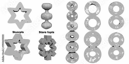 Geometric shapes and topological forms displayed in a grayscale image