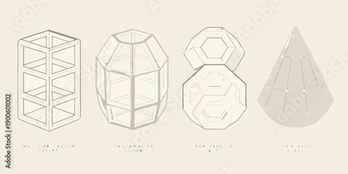 Geometric wireframe structures displayed in a minimalist linear illustration