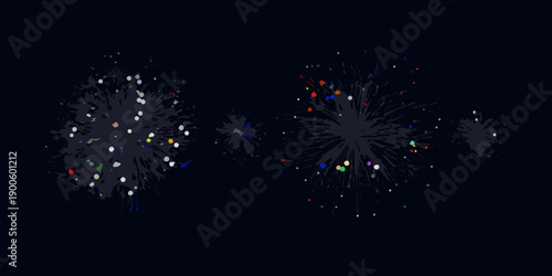 A series of colorful firework explosions against a dark night sky