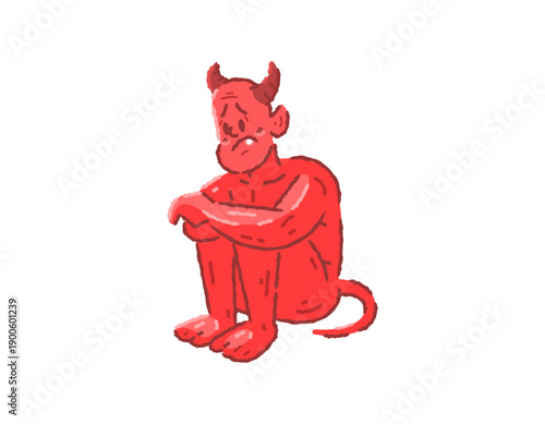 Illustration of a sad sitting demon. A gloomy or troubled demon. Looks stressed, overthinking, depressed. Character, gesture, pose, and expression. Flat outline crayon style. White background.