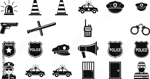 Police and law enforcement icon set illustration, black and white security symbols with patrol car, siren, handcuffs, badges, weapons and communication tools