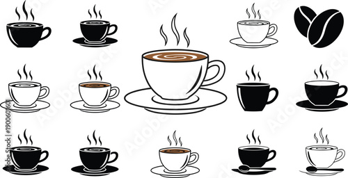 Set of coffee cup icons, hot espresso and cappuccino illustrations, black and white vector symbols, cafe beverage collection, isolated on white background