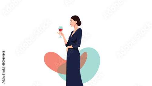 Elegant woman in a long dark dress holding a glass of red wine against abstract colorful shapes in a flat vector style.