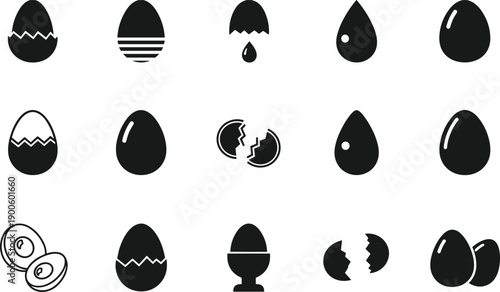 Set of egg icons and cracked eggshell symbols, breakfast food vector collection, black and white minimal illustrations, cooking and nutrition design elements, isolated on white background