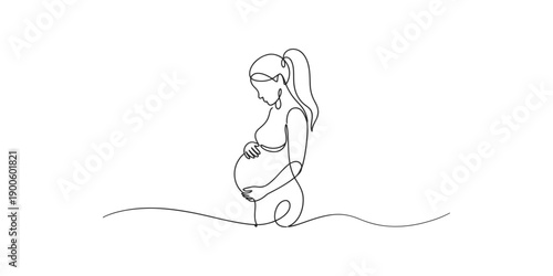 Continuous one line drawing of A pregnant woman sitting peacefully in a serene natural setting