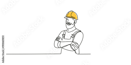 Continuous one line drawing of Construction worker standing confidently with arms crossed wearing safety gear