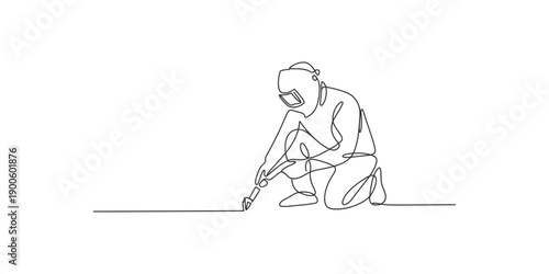Continuous line drawing of a welder using welding machine in the construction project vector illustration.