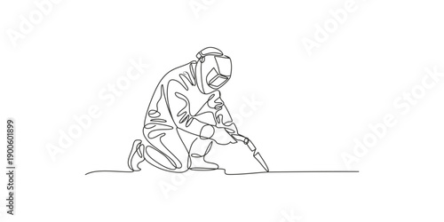 Continuous line drawing of a welder using welding machine in the construction project vector illustration.