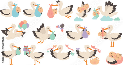Cute Stork Carrying Baby Illustration Set with Flying Birds, Newborn Bundles, Balloons, Gifts, and Sweet Birth Announcement Characters