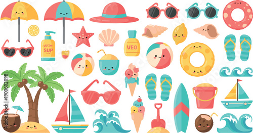 Cute summer beach elements vector set with smiling icons, umbrellas, sunglasses, ice cream, waves and tropical vacation accessories, colorful flat illustration for kids designs