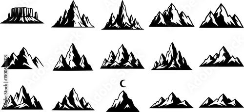 Mountain silhouette. Black outline minimal mountains shape for banner border and scenic backdrop. Isolated vector set, transparent background EPS version.