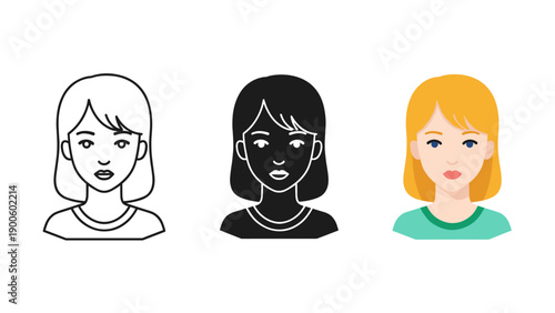 Three illustrated portraits of women with different skin tones and hair colors Vector