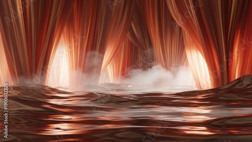 dramatic fiery red curtains revealing a mystical misty water surface with reflective ripples and