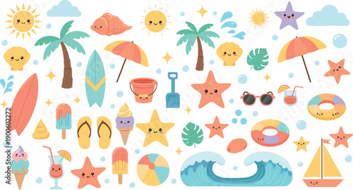 Cute Summer Beach Illustration Set with Smiling Sun, Palm Trees, Surfboards, Ice Cream, Starfish, Waves, and Tropical Vacation Elements
