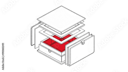Black Continuous Line Art Isometric Exploded Premium Leather Textured Box Packaging with Velvet Insert