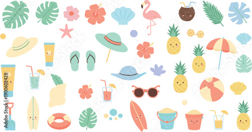 Cute Summer Tropical Illustration Set with Beach Accessories, Pineapples, Flamingo, Hats, Leaves, Drinks, and Vacation Elements for Seasonal Designs