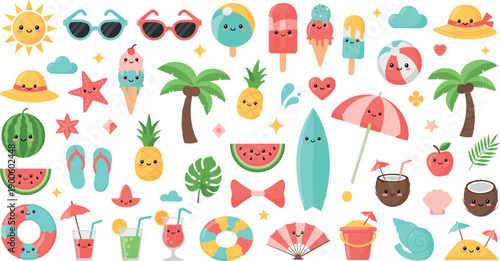 Cute Summer Tropical Illustration Set with Smiling Fruits, Ice Cream, Palm Trees, Surfboards, Sunglasses, Drinks, and Beach Vacation Elements