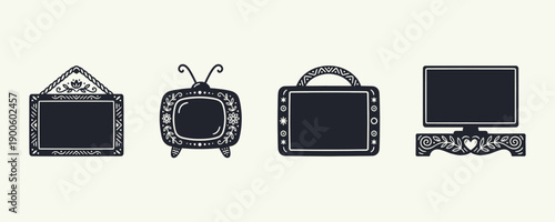 Folk Art Television Screen and Frame Icon Set