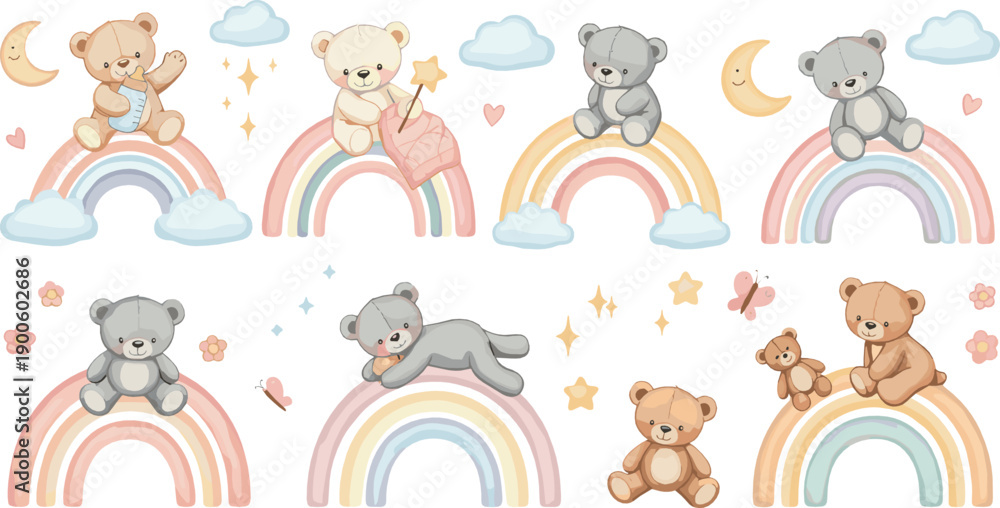 Fototapeta premium Cute Teddy Bear and Rainbow Illustration Set with Sleeping Bears, Clouds, Moon, Stars, and Soft Pastel Nursery Elements for Baby Designs