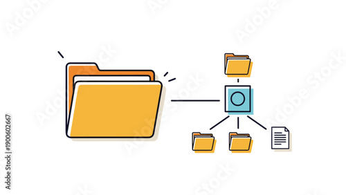 Large folder icon connected to a network of smaller folders and files representing digital organization and data management.