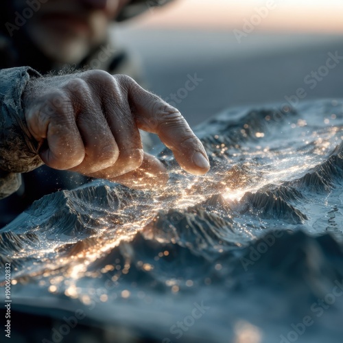 Person's finger touching the surface of ocean waves at sunset