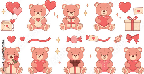 Cute teddy bears with hearts, gifts and love symbols, romantic Valentine’s Day characters, sweet cartoon design, colorful flat vector illustration set
