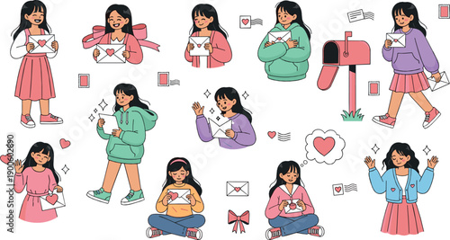 Cute teenage girl sending and receiving letters, modern pen pal and mailbox scenes, friendship and love communication concept, colorful flat vector illustration set