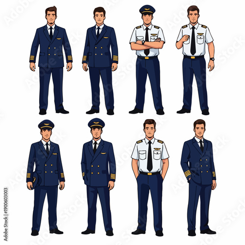 Set of eight cartoon illustrations featuring male airline pilots in various standard professional uniforms, isolated on white background.