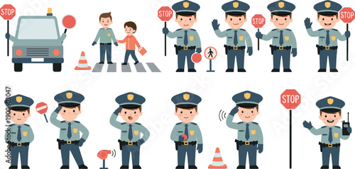 Cute traffic police officer characters controlling road and pedestrian crossing, stop signs and safety actions, friendly cartoon law enforcement, colorful flat vector illustration set