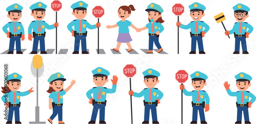 Cute traffic police officer characters helping pedestrians cross road, stop sign safety actions, friendly cartoon law enforcement and road safety concept, colorful flat vector illustration set