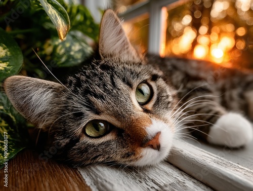 Relaxed Domestic Cat Lying on a Wooden Floor During Sunset