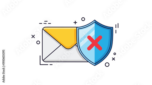 Email envelope protected by a blue shield with a red cross representing blocked spam or failed digital security checks.
