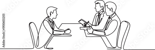 One single line drawing of young interviewee being interviewed by some company managers for job vacancy. Job interview process concept. one line Icon drawing