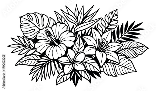 Hand drawn line art tropical floral set featuring hibiscus, plumeria, lilies, and exotic leaves for summer or holiday designs
