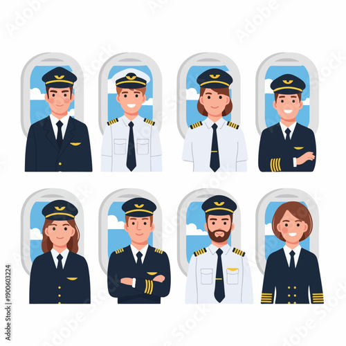A diverse set of smiling male and female airline pilot characters in uniform, depicted in front of airplane windows, symbolizing professional aviation careers and air travel.