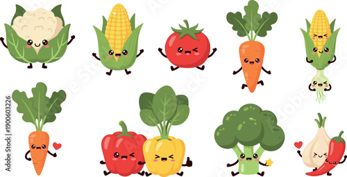 Cute vegetable characters set with happy expressions, playful healthy food and nutrition concept, smiling cartoon veggies, colorful flat vector illustration for kids designs