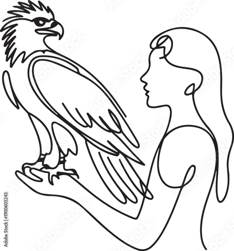 Single continuous line drawing Philippine eagle perched on hand of woman. Has pointed crown feathers known as crests. Has a large curved beak. Woman Holding Bird. one line Icon drawing