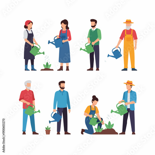 Diverse group of people of various ages and genders watering plants, showcasing gardening, farming, and horticulture activities in a flat vector style.