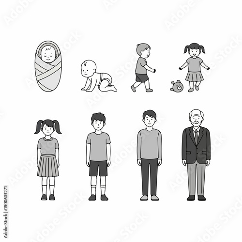 Developmental stages of human life: newborn, baby, child, teenager, adult, and senior man. Monochrome vector illustration.