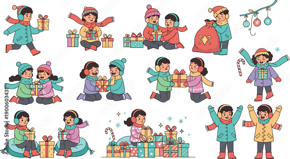 Fototapeta premium Cute Winter Kids Illustration Set with Children Sharing Gifts, Playing Together, Wearing Warm Clothes, and Celebrating Christmas Holiday Moments