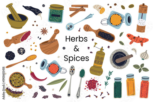 Herbs and spices set with mills, mortar and pestle, wooden spoons and jars with ground seasonings. Flat cartoon vector illustration about home cooking, spice preparation, traditional kitchen practices
