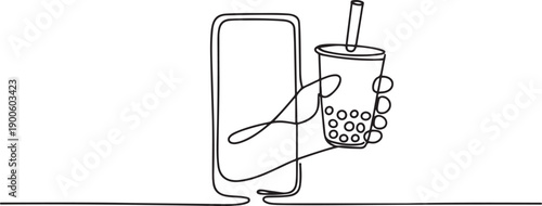 Single one line drawing hand holding bubble tea cup with straw through mobile phone. Concept of cafe drink order delivery online food. Application for smartphones. one line Icon drawing
