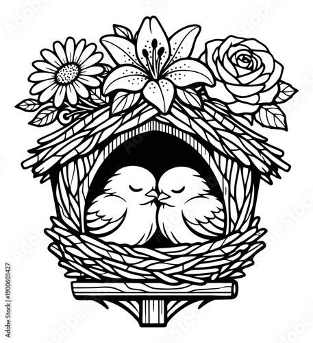 Hand drawn line art illustration of two birds in a birdhouse nest depicting affection for spring and romance