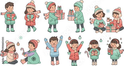 Cute Winter Kids Illustration Set with Children Wearing Warm Clothes, Holding Gifts, Candy Canes, and Snowflakes for Holiday and Seasonal Designs