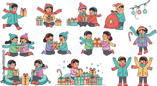 Cute Winter Kids Illustration Set with Children Sharing Gifts, Playing Together, Wearing Warm Clothes, and Celebrating Christmas Holiday Moments