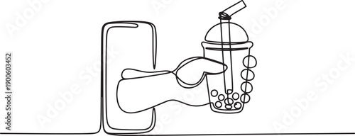 Single one line drawing hand holding bubble tea cup with straw through mobile phone. Concept of cafe drink order delivery online food. Application for smartphones. one line Icon drawing