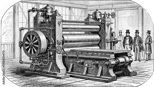 Vintage industrial printing press illustration, nineteenth century machinery engraving, historic factory equipment with workers, black and white mechanical artwork, isolated on white background