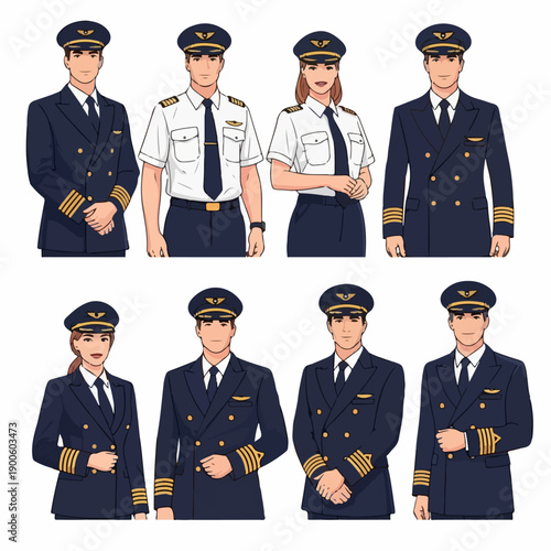Collection of male and female professional pilots in uniform, flat vector illustration set isolated on white background.