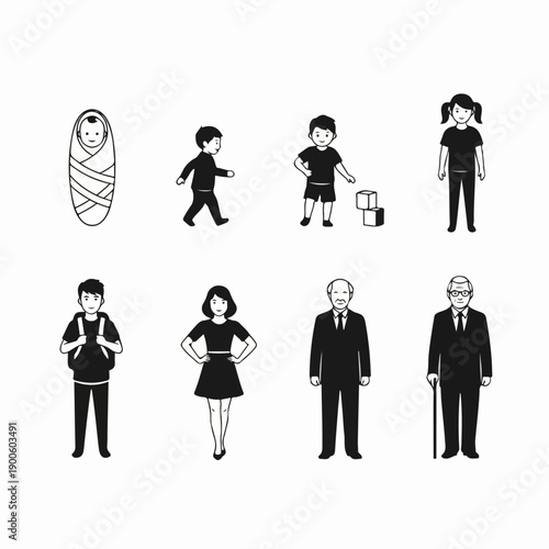 Black and white icons illustrating the human life cycle stages, including baby, childhood, youth, adult, and elderly people, depicting aging and generation.