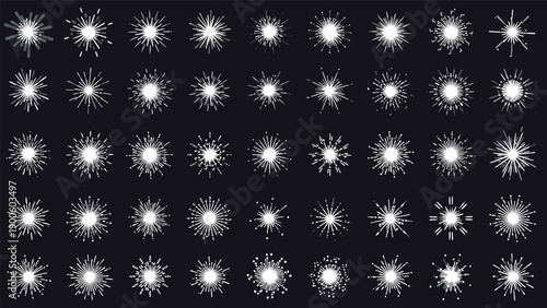 Large grid of various white sunburst and sparkle icons on a dark background for use as creative lighting effects in design.